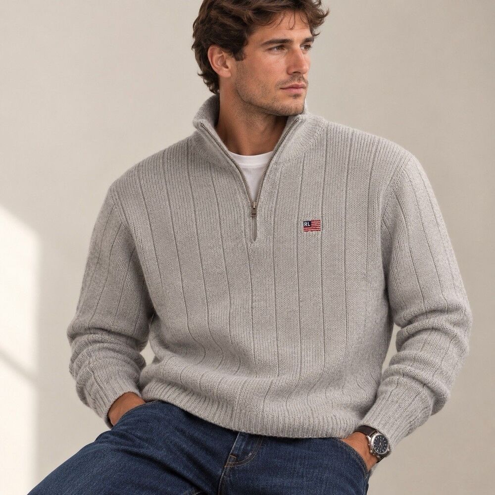 Vtg Polo Jeans Ralph Lauren Quarter Zip Sweater XL Gray Cotton Flag Preppy Y2K